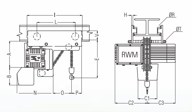 Wciągnik łańcuchowy elektryczny przejezdny z niską zabudową wózek elektryczny CE-WR-N 1000 – 5000kg