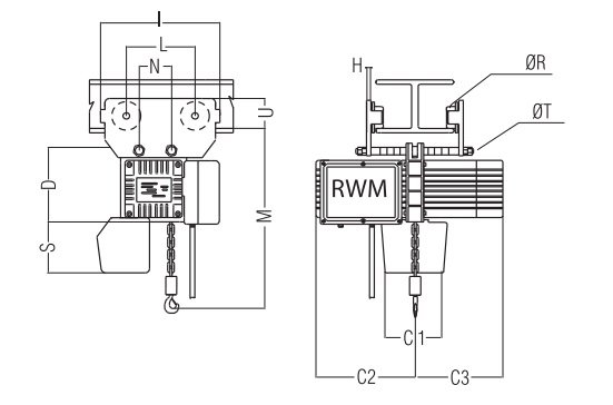 Wciągnik łańcuchowy elektryczny przejezdny wózek swobodny CS-W-230V 125-1000kg